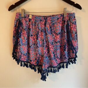 Simply Southern Pink & Blue Pineapple Tassel Shorts Womens Size L/XL